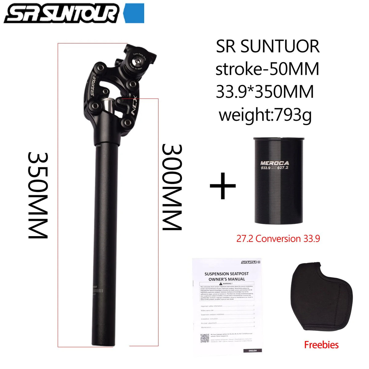 SR Suntour NCX Bicycle Suspension Seat Post with Standard Spring，Specification 27.2*350mm
