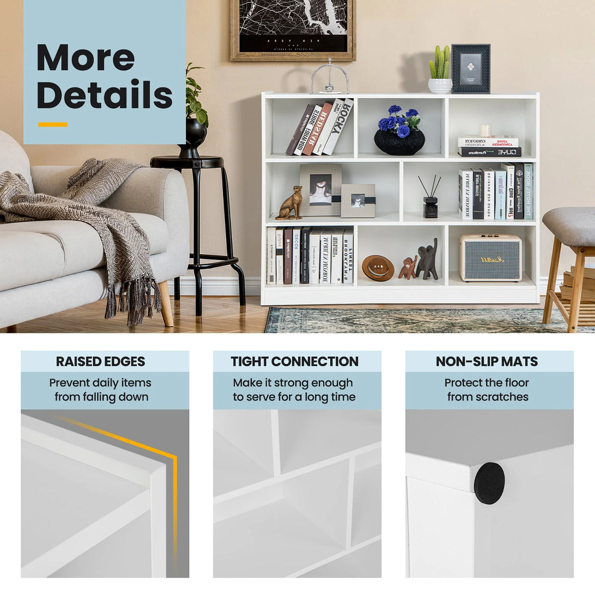Costway 3-tier Open Bookcase 8-Cube Floor Standing Storage Shelves Display Cabinet White