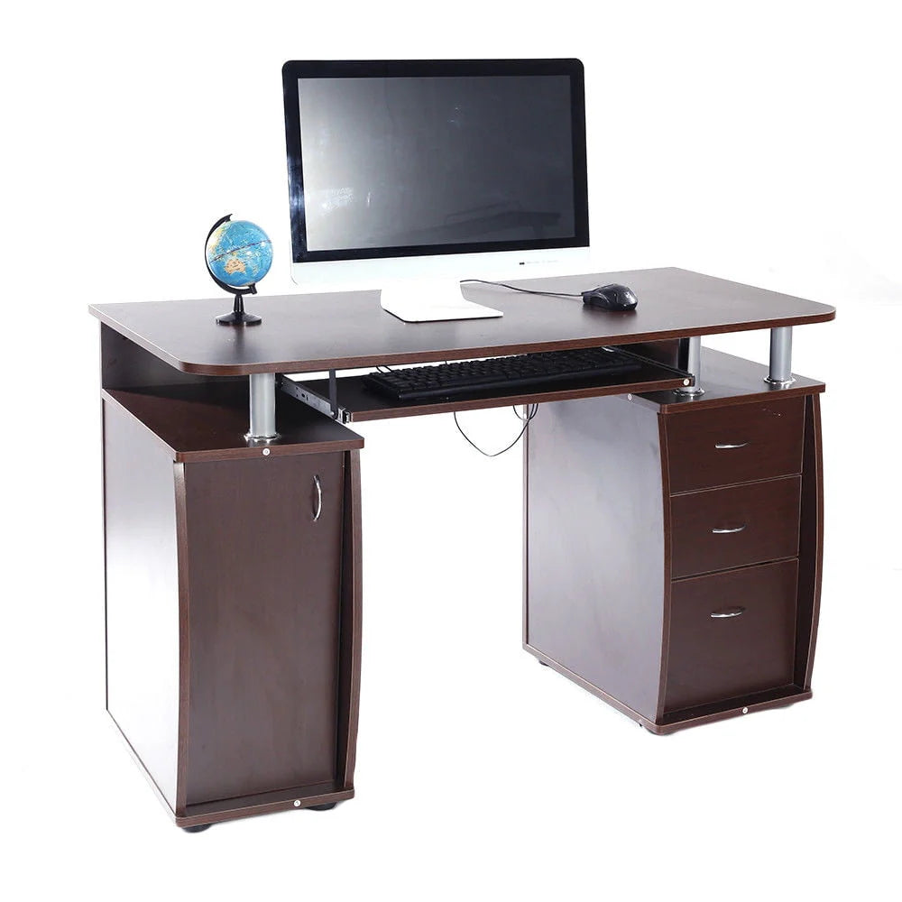 Ktaxon Brown Computer PC Desk Home Office Study Writing Table 3 Drawers Bookcase