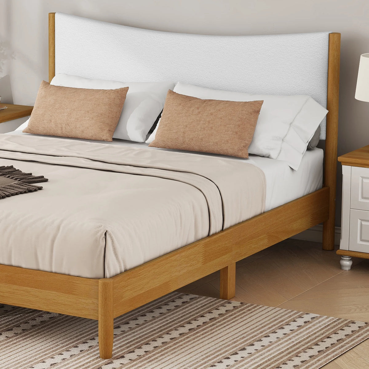 Miniyam Wood Queen Size Bed with with Rattan Headboard for Adult, Brown