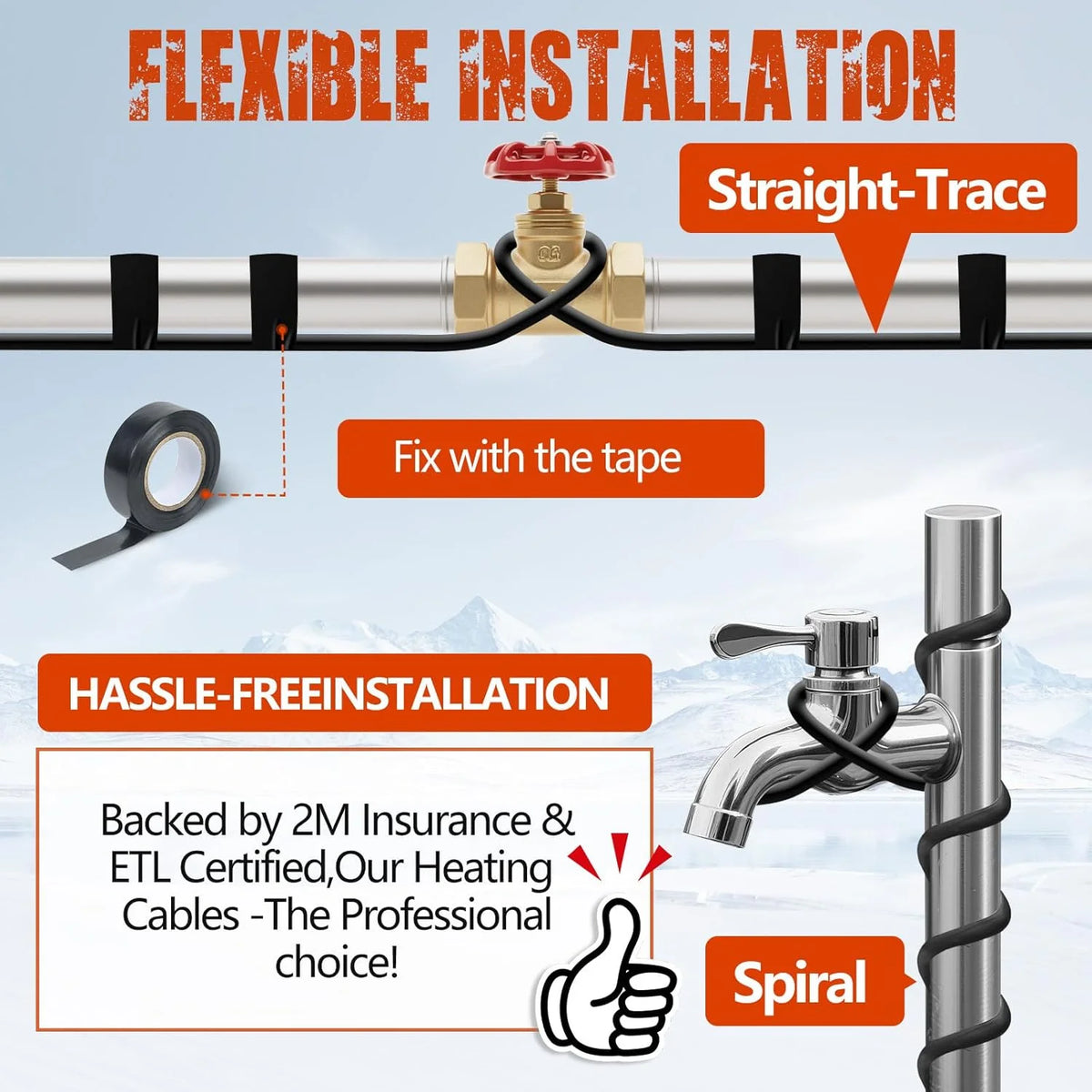 120FT Heat Tape for Water Pipes, Roof Snow De-Icing, RV  Heating Cable,120 Volt 8W/ft