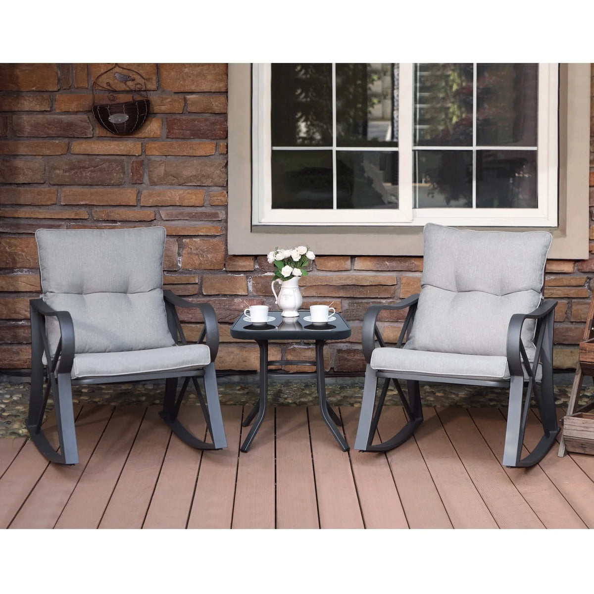 COSIEST 3 Piece Rocking Chair Bistro Set, Patio Outdoor Furniture w Cushions, Glass-Top Table