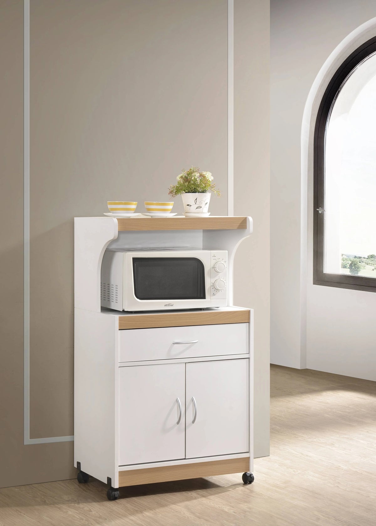 Hodedah Microwave Contemporary Wooden Kitchen Cart in Cherry Finish