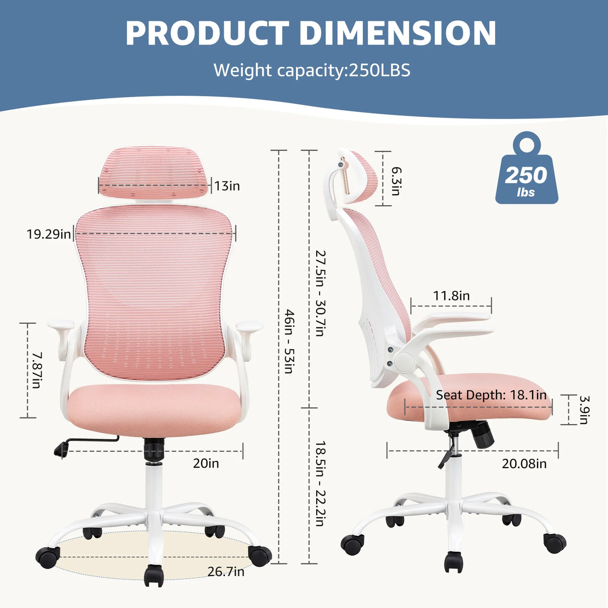 Dovelina Ergonomic Office Chair with Headrest, Adjustable Task Chair with Flip-Up Armrests