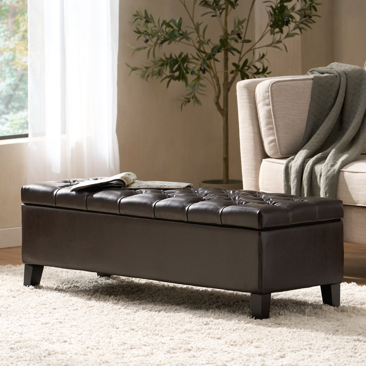 Furniliving Modern Upholstered Button Tufted Storage Ottoman Entryway Bench, Ivory