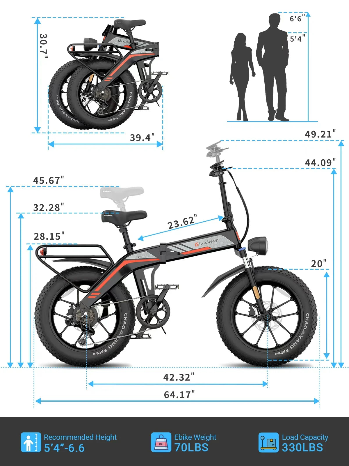 Luckeep X1 Lite Foldable Electric Bike for Adults 1500W Peak Motor,720WH Removable Battery,28MPH 60 Miles Long Range,20"*4" Fat Tire All-Terrain E-bike with Front Suspension,Mountain Electric Bicycle
