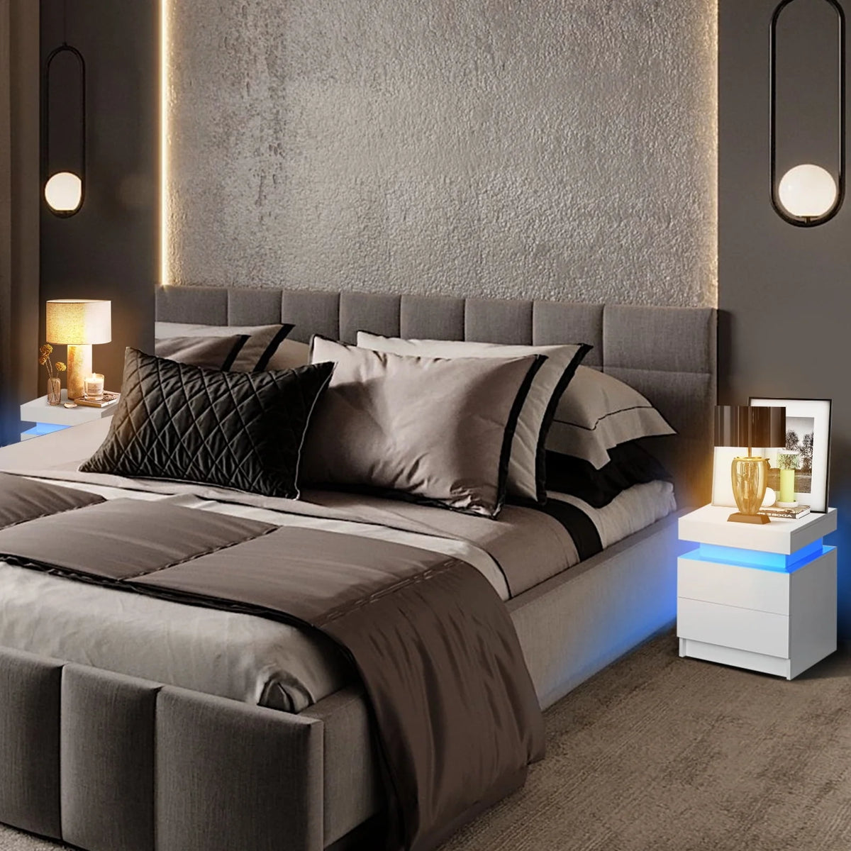 Hommpa Modern LED Nightstand with 2 Drawers High Gloss Led Light Bedside Table Storage White Night Table with Lights End Side Table with Drawer for Bedroom 20.5" Tall