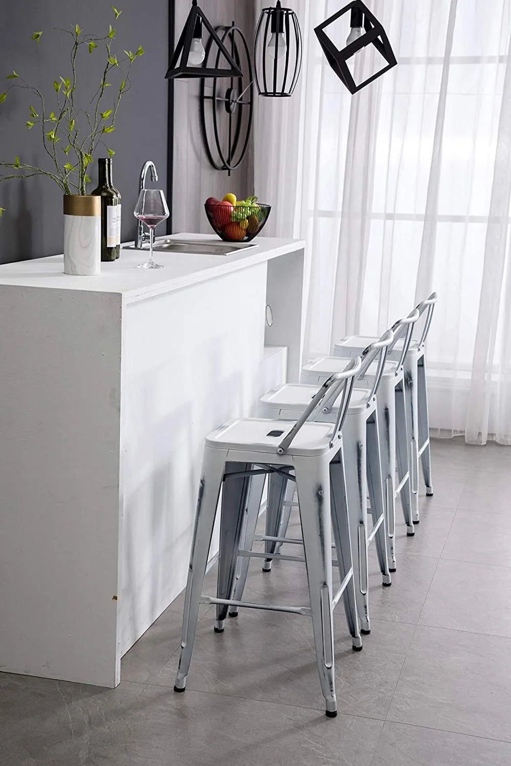 Andeworld 30" Low Back Distressed White Bar Stools Metal Barstools Counter Height Stools [Set of 4]
