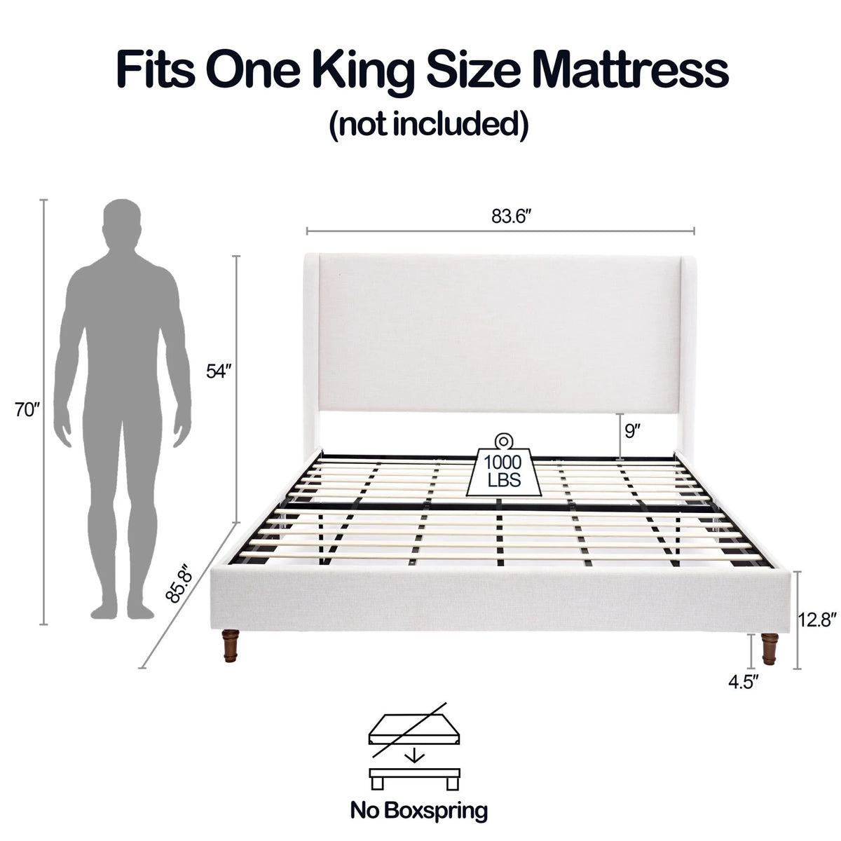 King Bed Frame Upholstered Bed with Tall Headboard, Chenille Platform Bed King Size, No Box Spring Needed, Easy Assembly, Ivory