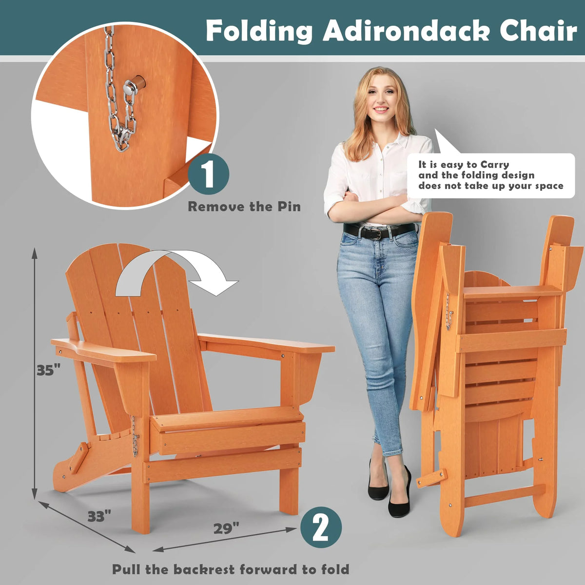 TORVA Folding Adirondack Chair, Fire Pit Chair,Patio Outdoor Chairs All-Weather Proof HDPE Resin for BBQ Beach Deck Garden Lawn Backyard, Black
