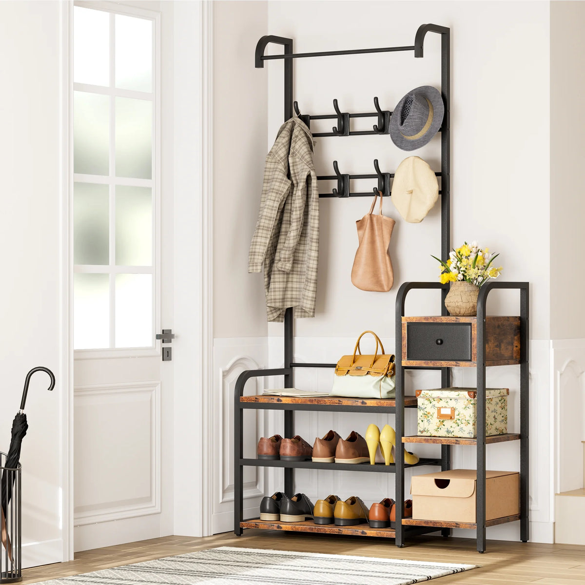Zzistar Hall Tree Storage Bench, Coat Rack Shoe Bench with Storage Drawer, 5 in 1 Coat Tree Storage Shelf with 8 Hooks