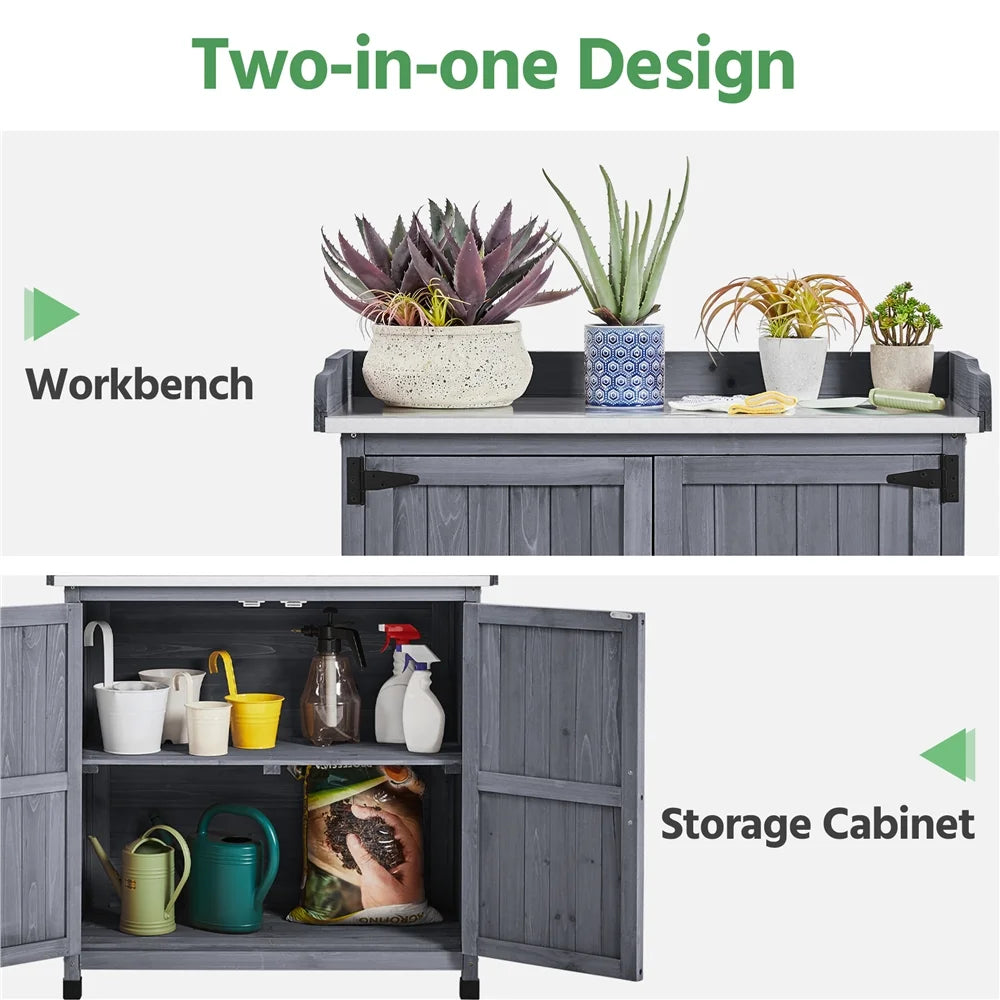 Renwick Garden Potting Bench Table with Cabinet, Brown