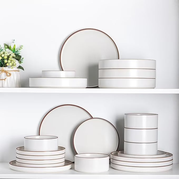Vanilla White High-Rim Ceramic Dinnerware Set for 8 Shatterproof Oven Dishwasher Microwave Safe