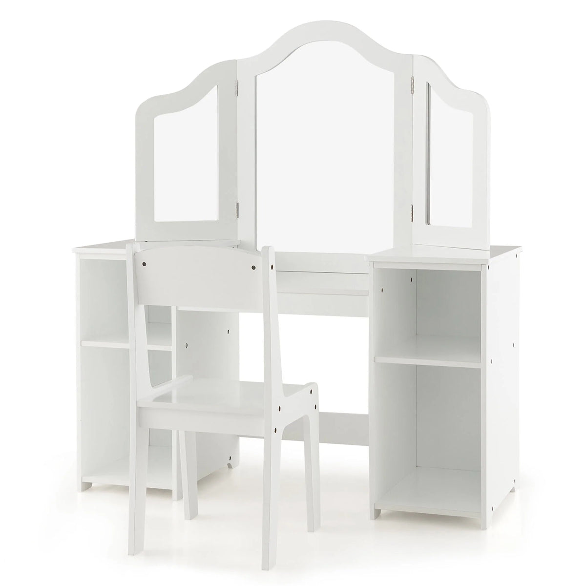 Gymax Kids Vanity 2 in 1 Princess Makeup Desk & Chair Set Safe Tri-fold Mirror White