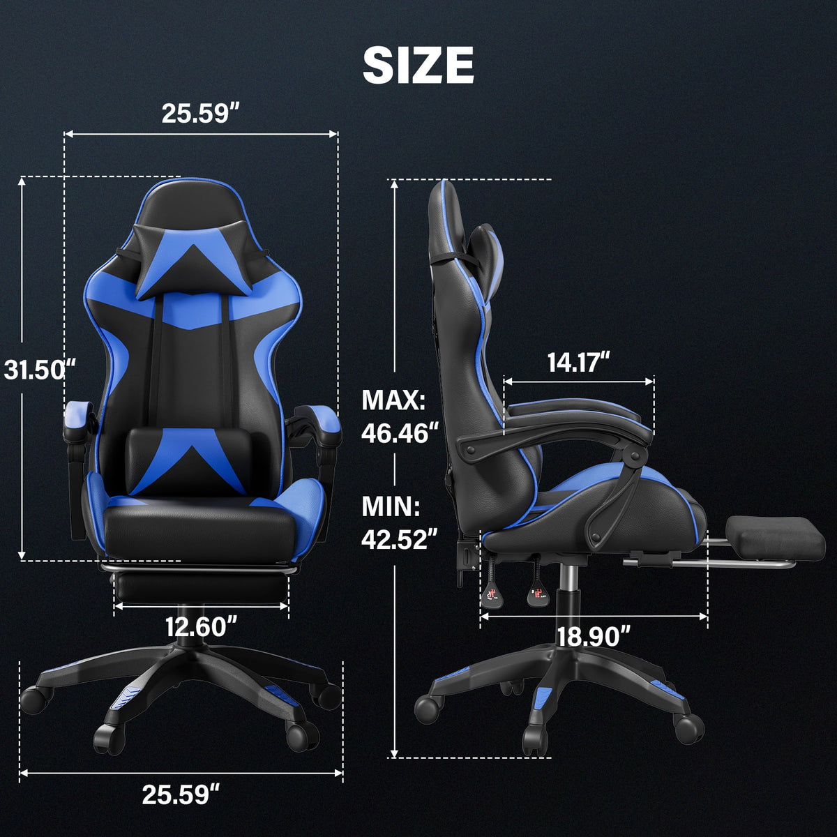 Mr IRONSTONE Office Gaming Chair with Footrest & Lumbar Support, Ergonomic Adjustable Computer Chair with Swivel Seat & Headrest, Blue