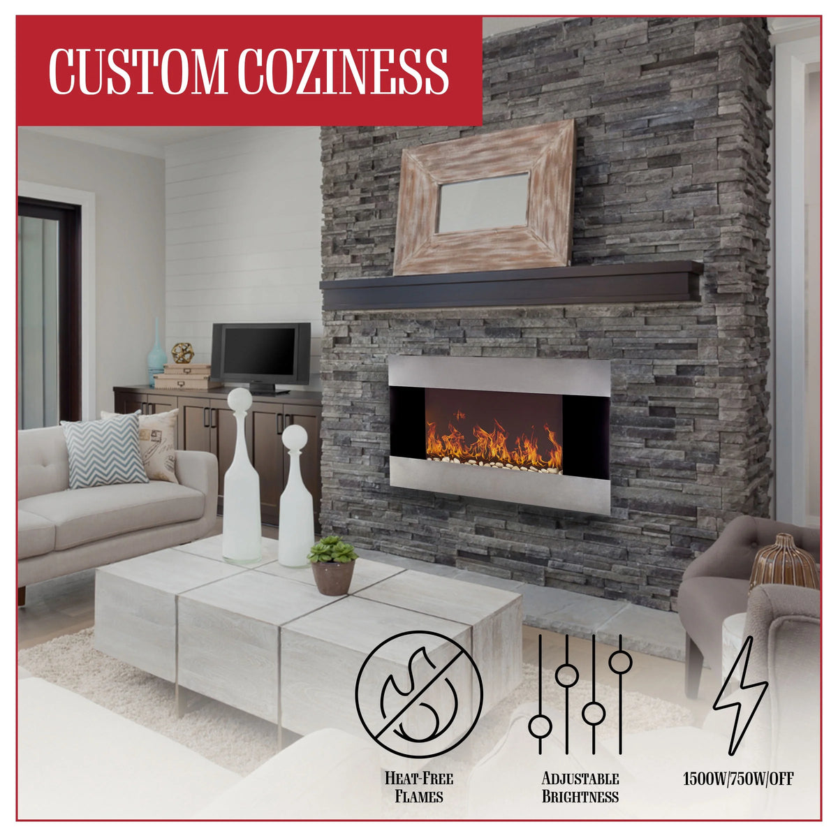 Northwest 36-inch Wall-Mount Electric Fireplace Heater with Orange Flame and Remote