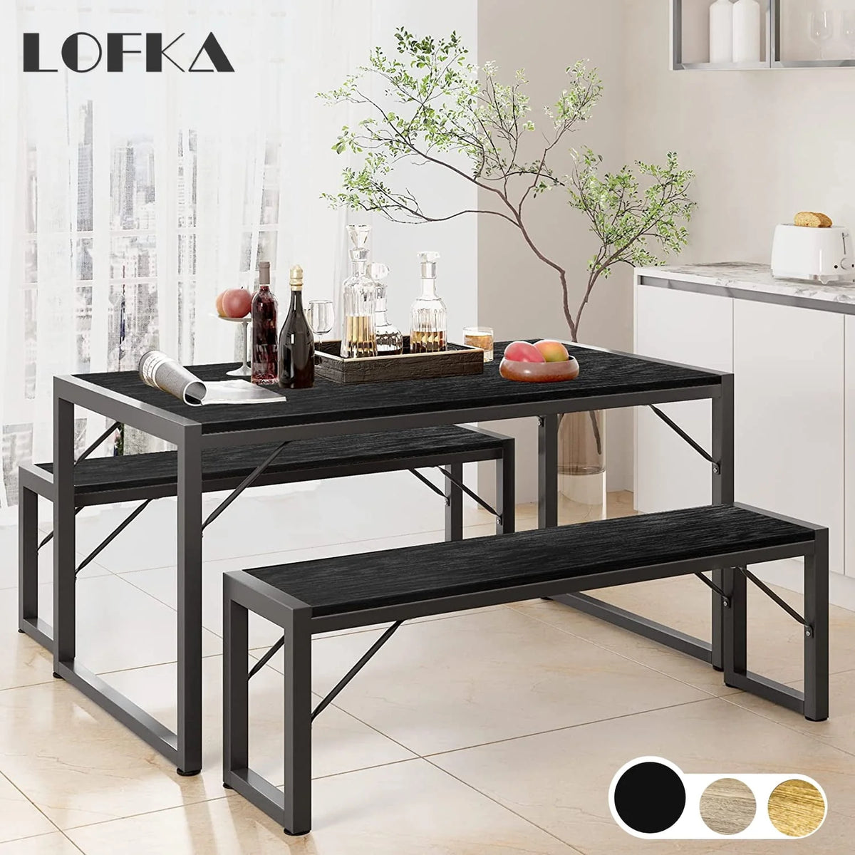 Dining Table Set for 4 People with 2 Benches, Dinette Set, 550lbs, Black