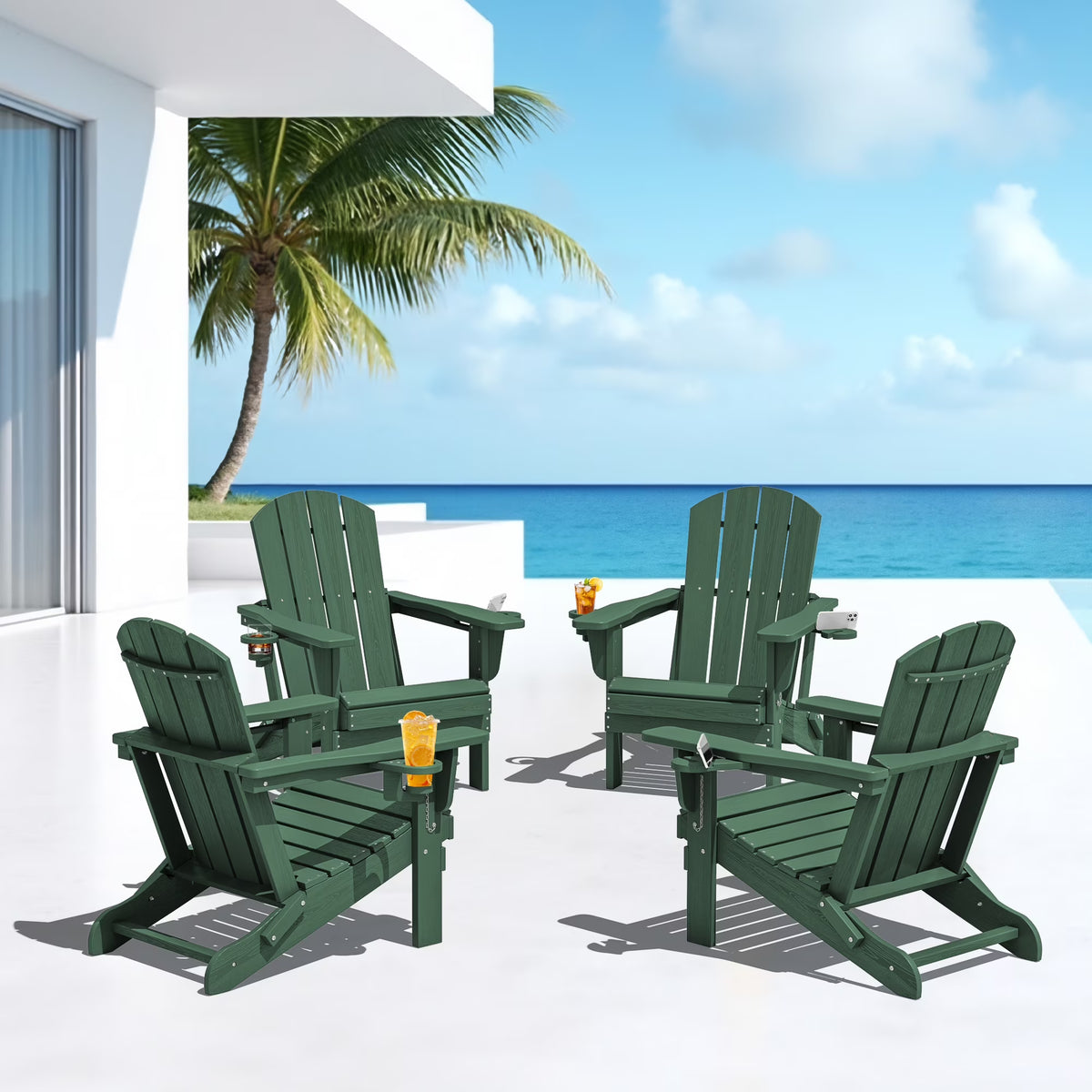 SERWALL Folding Adirondack Chair Set with Dual Cup Holders & Phone Holder, All-Weather HDPE Fire Pit Chairs for Outdoor, Patio, Poolside, Garden - Black
