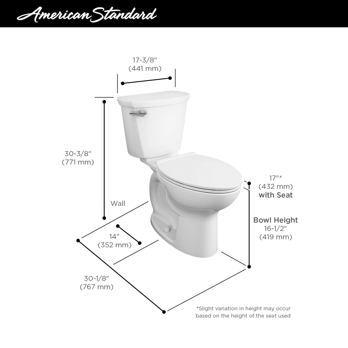American Standard Cadet Pro Compact Tall Height 14 in. Rough-In 2-Piece 1.6 GPF Single Flush Elongated Toilet in White, Seat Not Included