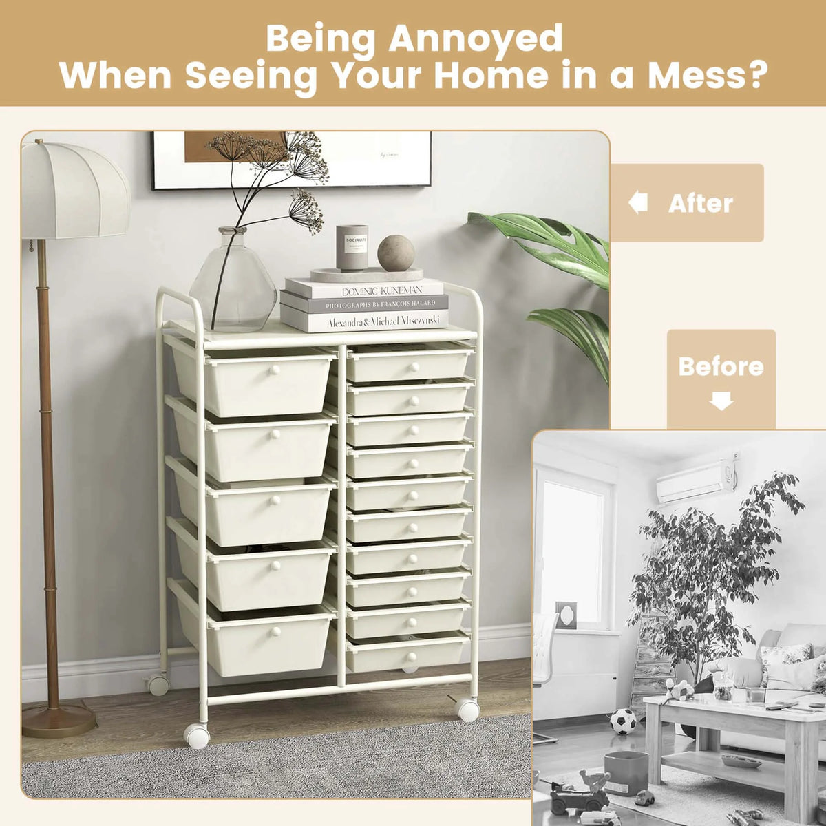 Costway 15 Drawer Rolling Storage Cart Tools Scrapbook Paper Office School Organizer White