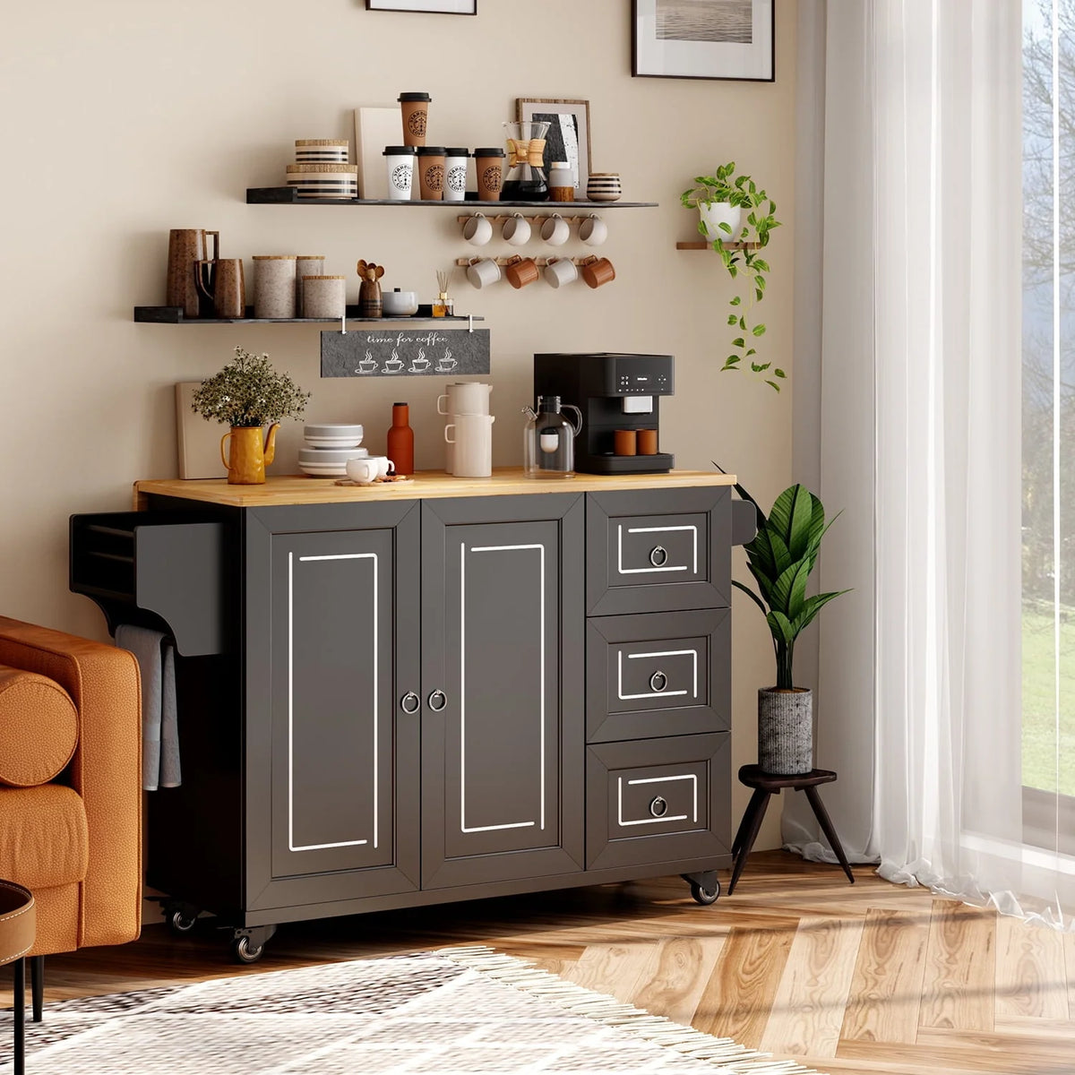 Lofka Kitchen Island with Storage,  Kitchen Island on Wheel with Wood Drop Leaf Tabletop,Black
