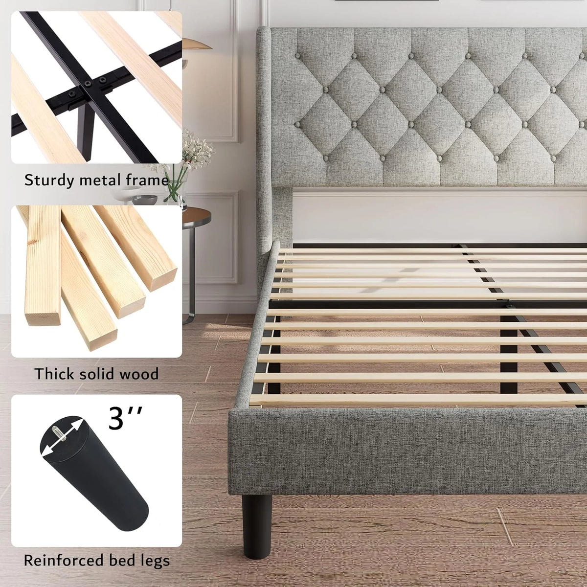 iPormis Full Size Bed Frame with Diamond Button Tufted Wingback Headboard, Upholstered Platform Bed Frame with Strong Wood Slat Support, Light Gray