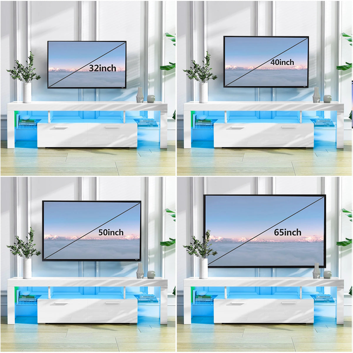 UHOMEPRO TV Stand for TV up to 70", Living Room Entertainment Center with RGB LED Lights and Storage Shelves Furniture, White High Gloss TV Cabinet Console Table