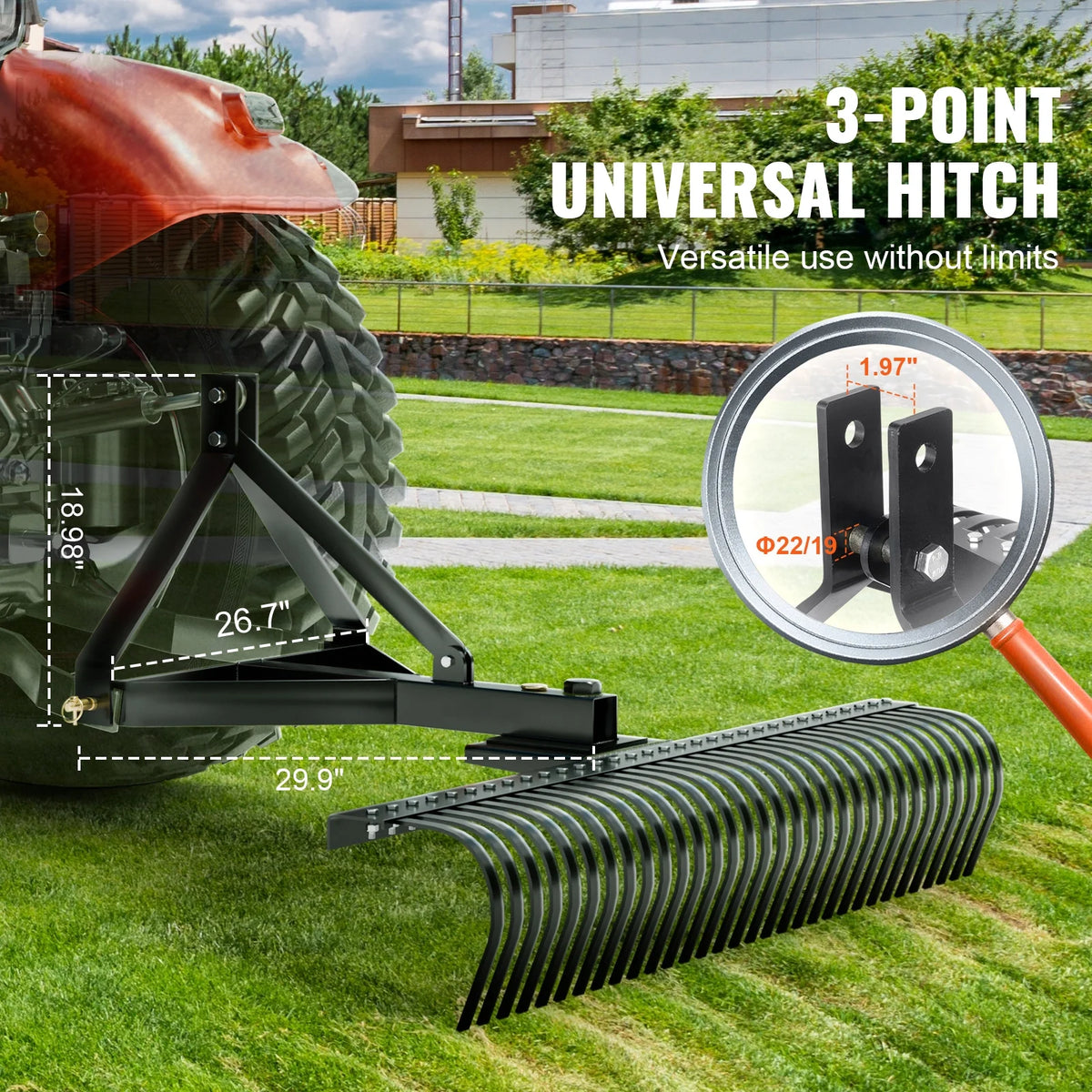KFFKFF 3-Point Landscape Rake, 60" Pull-Behind Thatch Remover with 32 Steel Tines, Tractor-Compatible 3-Point Hitch Garden Rake with Attachments