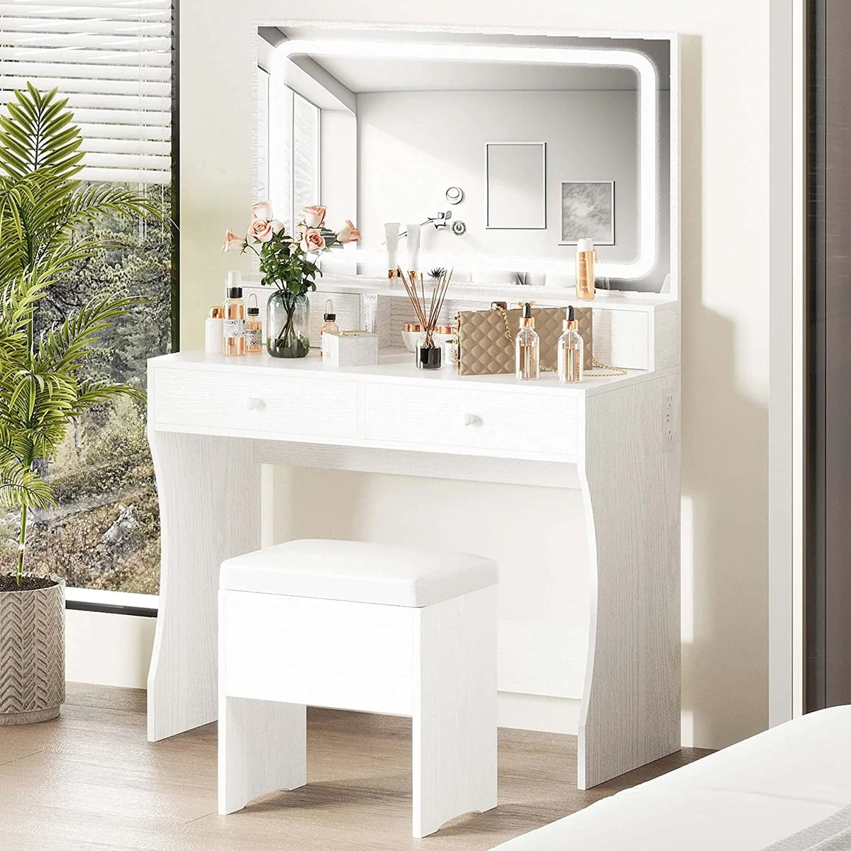 IRONCK Vanity Makeup Table Desk Set with LED Light Mirror & Power Outlet,  with 4 Drawers,Modern White