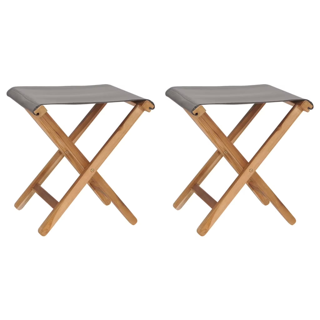 vidaXL Folding Chairs 2 Pcs Patio Stool for Camping Solid Wood Teak and Fabric