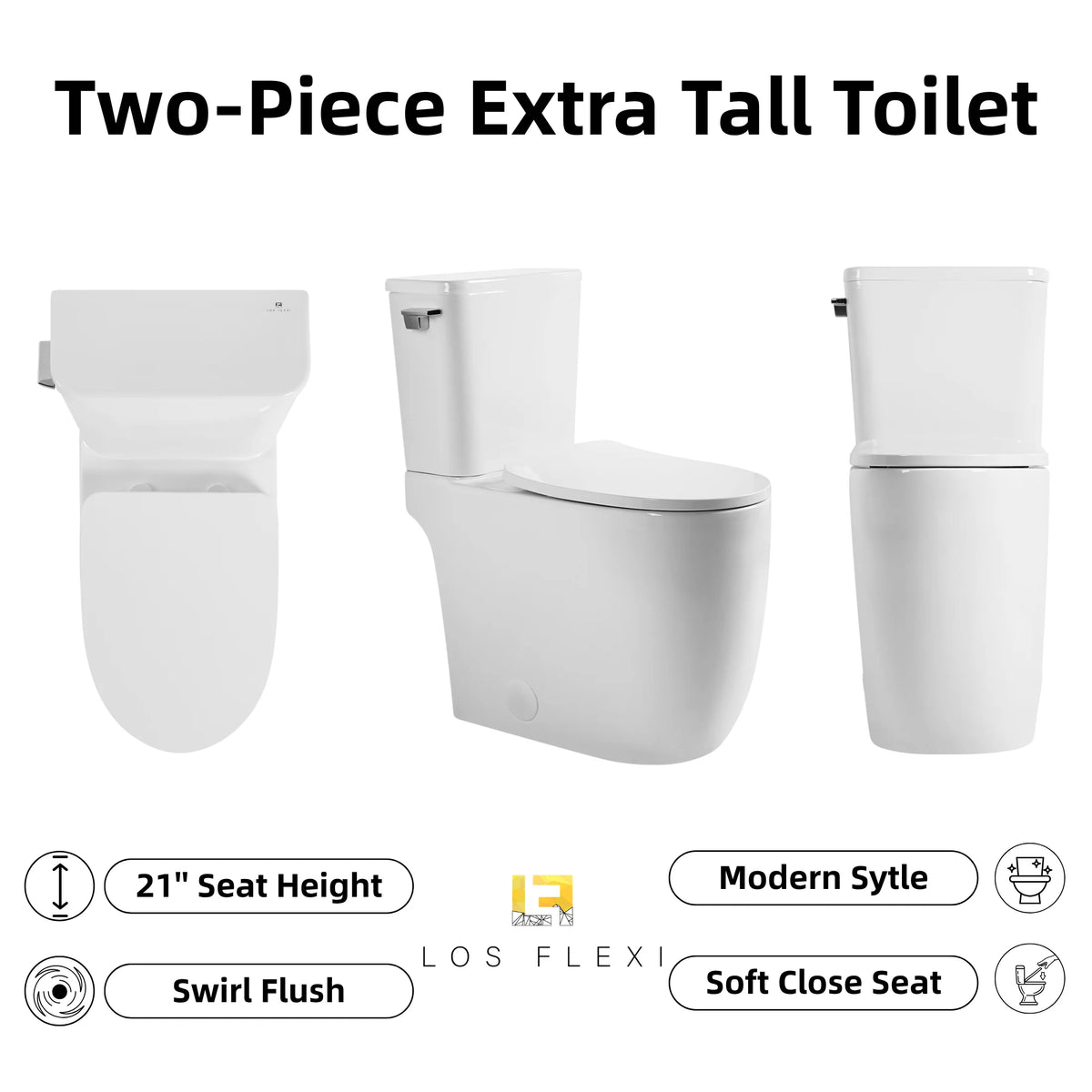 Los Flexi 21" Extra Tall Toilet for Seniors, ADA Compliant Two-Piece Skirted Toilet with Cyclone Flush, Elongated Bowl, Soft-Close Seat, Chrome Lever, 1.28 GPF, 12" Rough-In