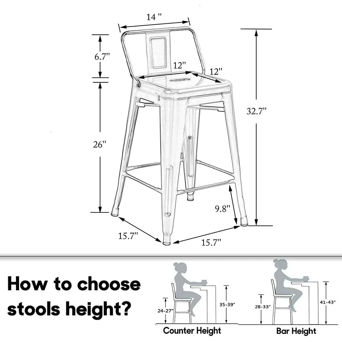 Andeworld 30" Low Back Distressed White Bar Stools Metal Barstools Counter Height Stools [Set of 4]