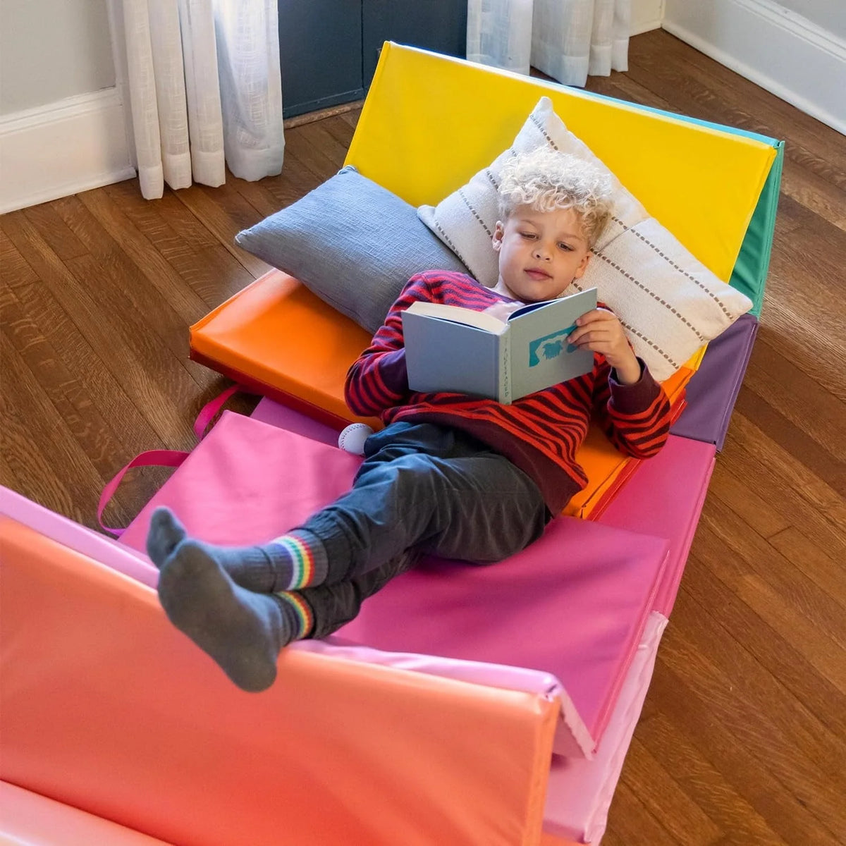 HearthSong 5-Panel Folding Kids' Gymnastics Tumbling Mat for Active Play, with Carrying Handles, Sun