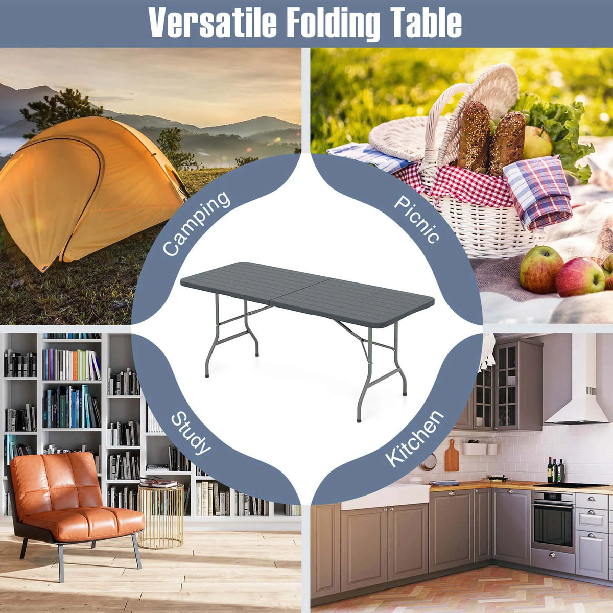 Costway 6 ft Portable Folding Table with Wood Grain HDPE Tabletop Safe Lock Mechanism Gray