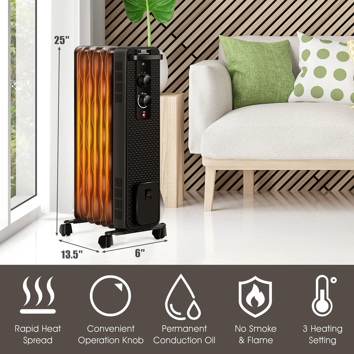 Gymax 1500W Oil Filled Radiator Space Heater w/ 3 Heating Modes Black