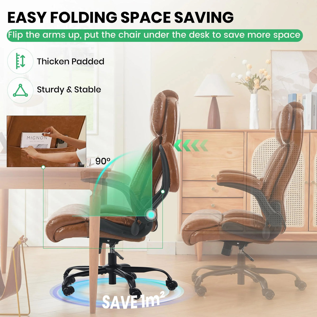 Ninecer 500lbs Big and Tall Office Chair with Inflatable Lumbar Support, Ergonomic Executive Desk Chair with Extra Wide Seat, Adjustable Height Computer Chair, Heavy Duty Leather Office Chair, Black