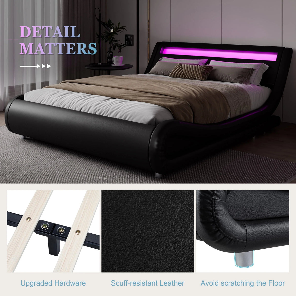 Amolife Queen Size Wave-Like Curve Deluxe Upholstered Modern Bed Frame with LED Headboard,Black