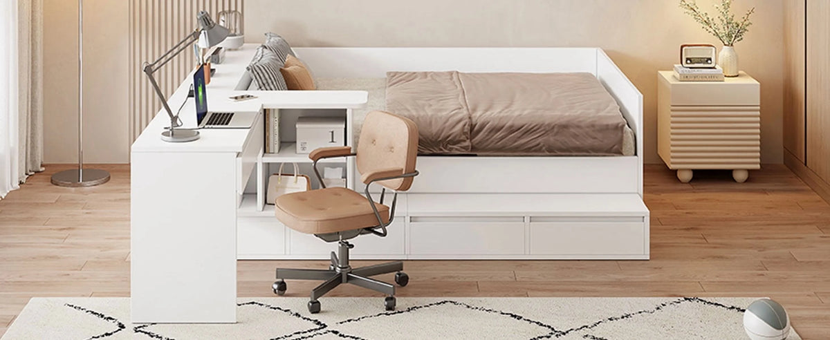 Full Size White Wooden Platform Bed w/ 6 Drawers, Vanity Desk &amp; Shelves - Bedroom Furniture. Space-saving design. Includes storage, perfect for small spaces. 75.3"L x 100.9"W.