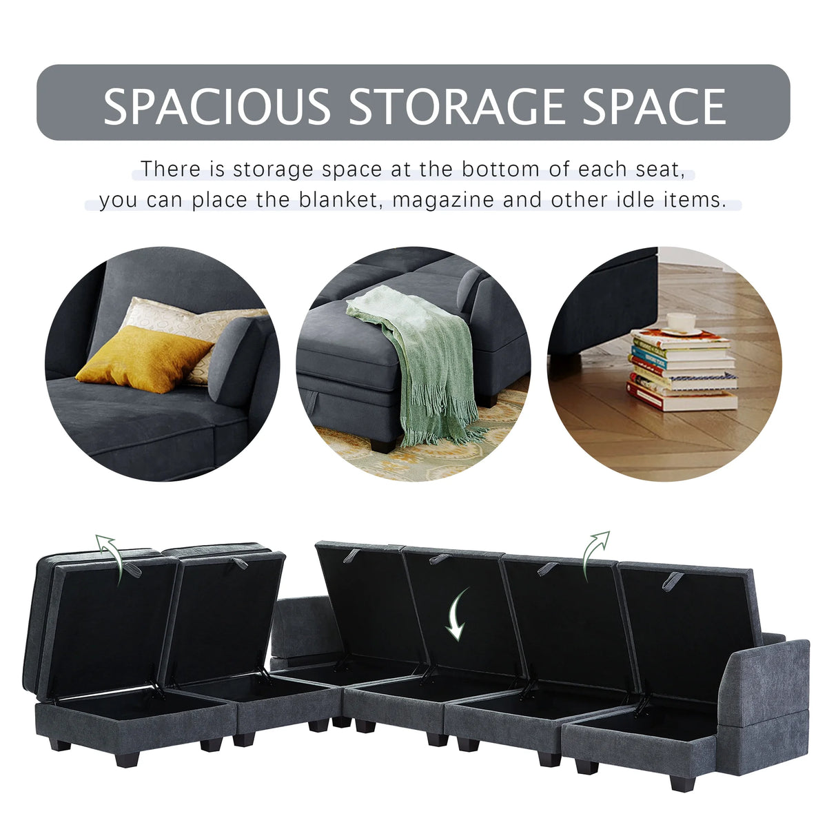 EUROCO 115" Large U/L Shaped Sectional Sofa, 1200LBS 6 Seat Convertible Couch Queen Size Sleeper Bed with Storage Seat and Removable Cushions, Modular Sofa with 2 Stools