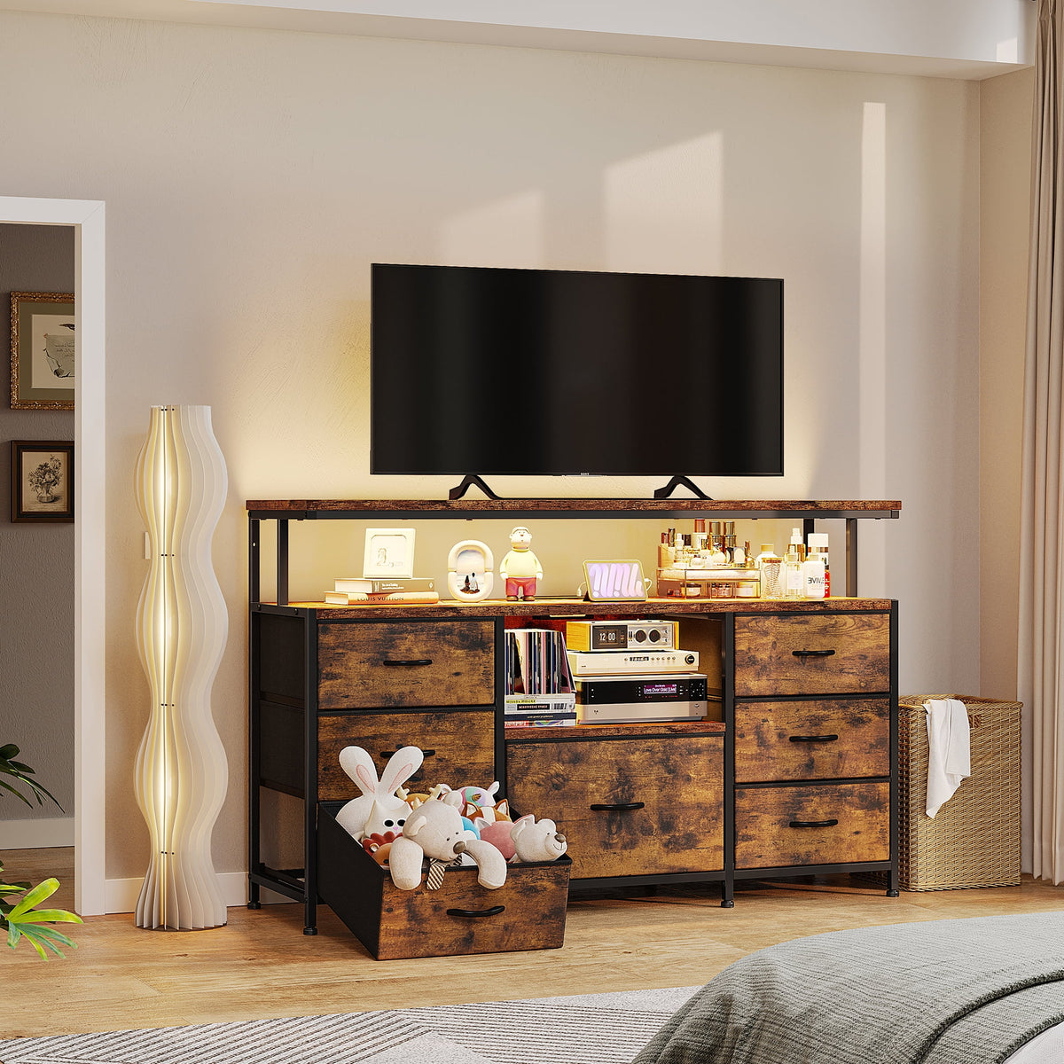 EnHomee Dressers for bedroom TV Stand with Power Outlets &LED Lights Wide Dresser with 10 Drawers&Side Pockets & Hook Fabric Chest of Drawers,Black