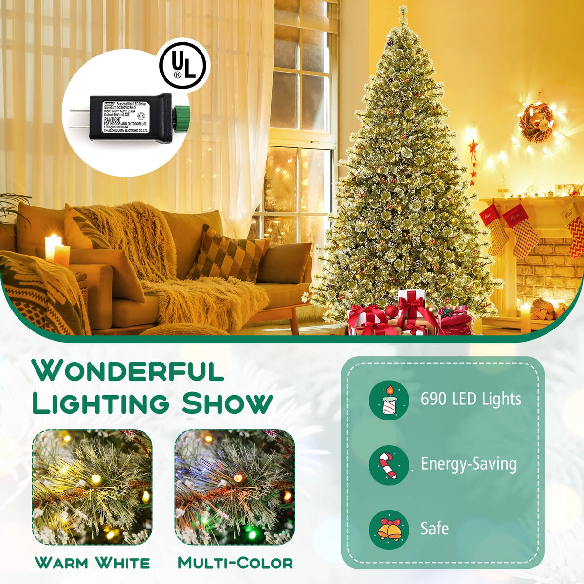 Costway 9 FT Artificial Christmas Tree with  360?�� Quick Power Connector 1714 Pine Needles