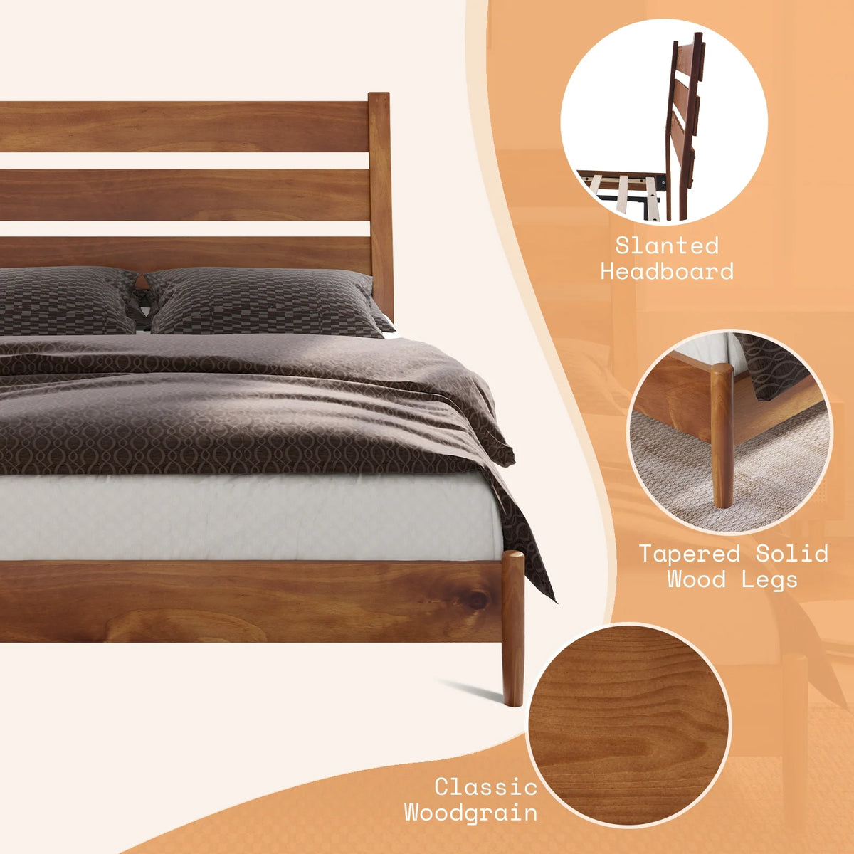Merluxy Full Size Solid Wood Bed Frame, Mid Century Platform Bed with Reclining Slatted Headboard, Wood Slat Support/Noise Free, Light Brown