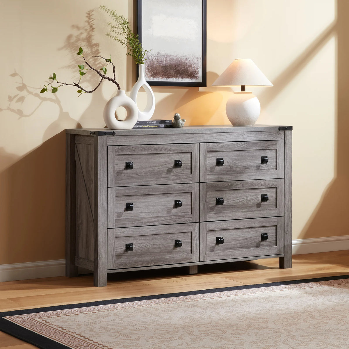 CHITOOMA Wooden Dressers for Bedroom 6 Drawer Adult, 47.2" Storage Cabine with Double Handle, Chest of Drawers for Living Room Hallway, Walnut