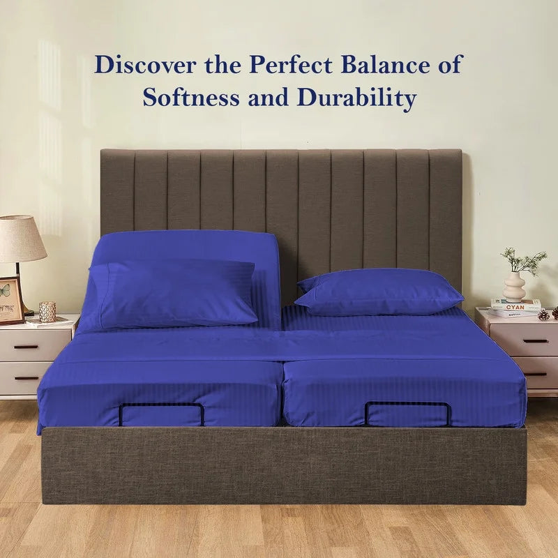 5-Piece Split Queen Sheet Set, 800 Thread Count, 100% Egyptian Cotton, Color Aqua Blue Stripe Pattern, Fits 16-Inch Deep Mattresses