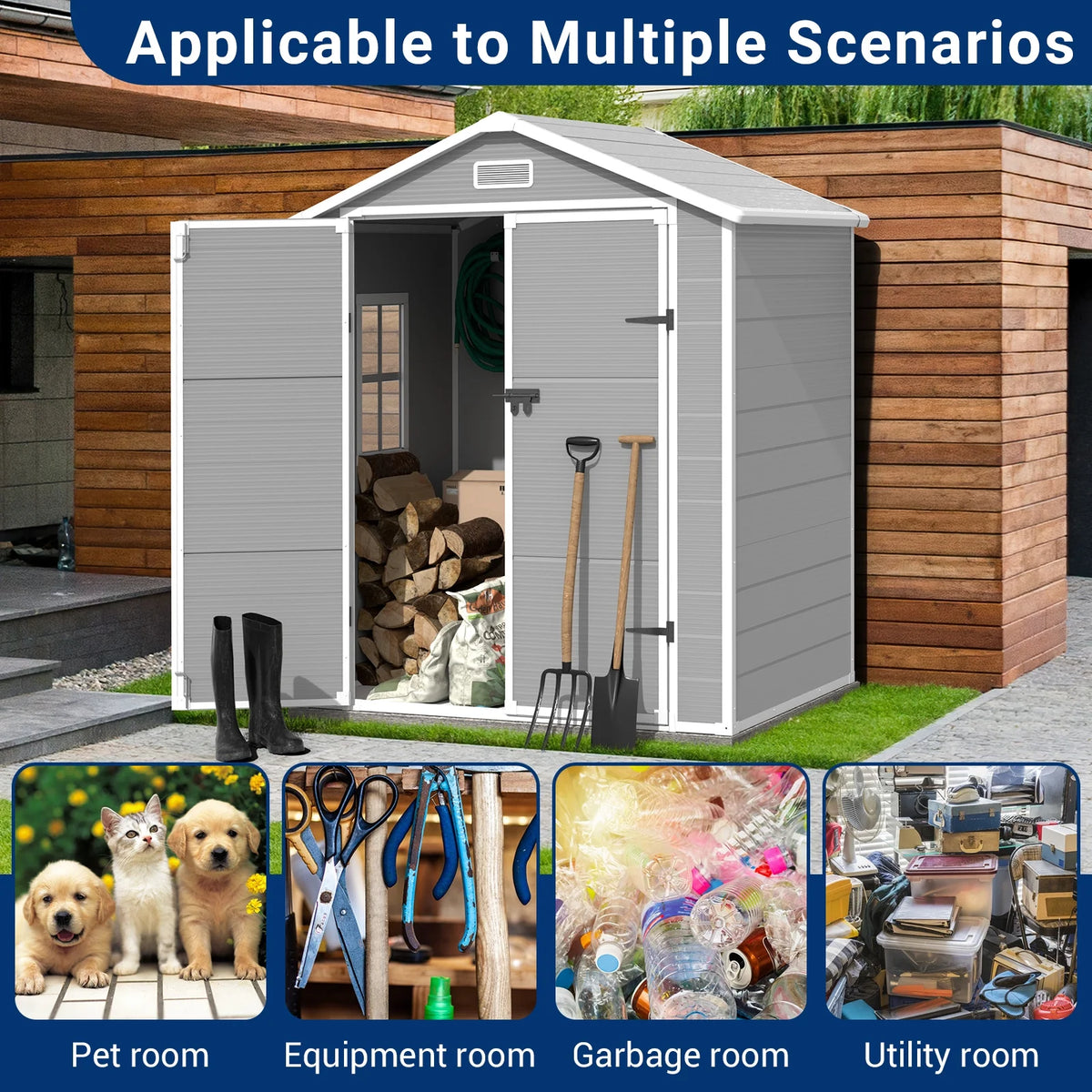 ELPOSUN Outdoor Storage Shed 6x4.5 ft, Resin Outside Sheds & Outdoor Storage Plastic for Trash Can, Bike, Lawnmower, Generator, Tool Shed with Lockable Door for Backyard, Lawn, Patio, Grey & White