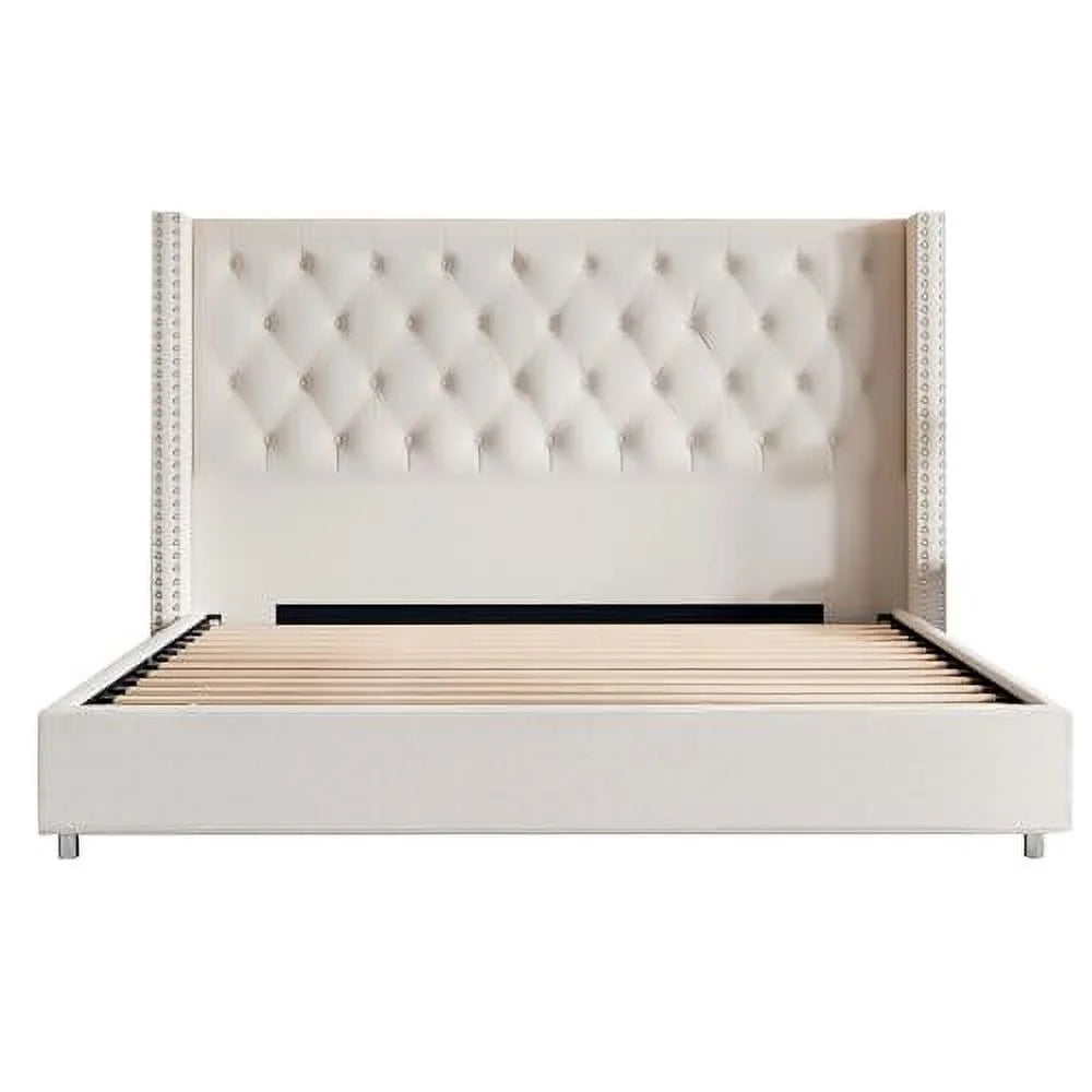 VanAcc Queen Bed Frame Upholstered Bed Wingback Headboard Velvet Tufted Diamond Button/No Box Spring Needed/Easy Assembly/Gray