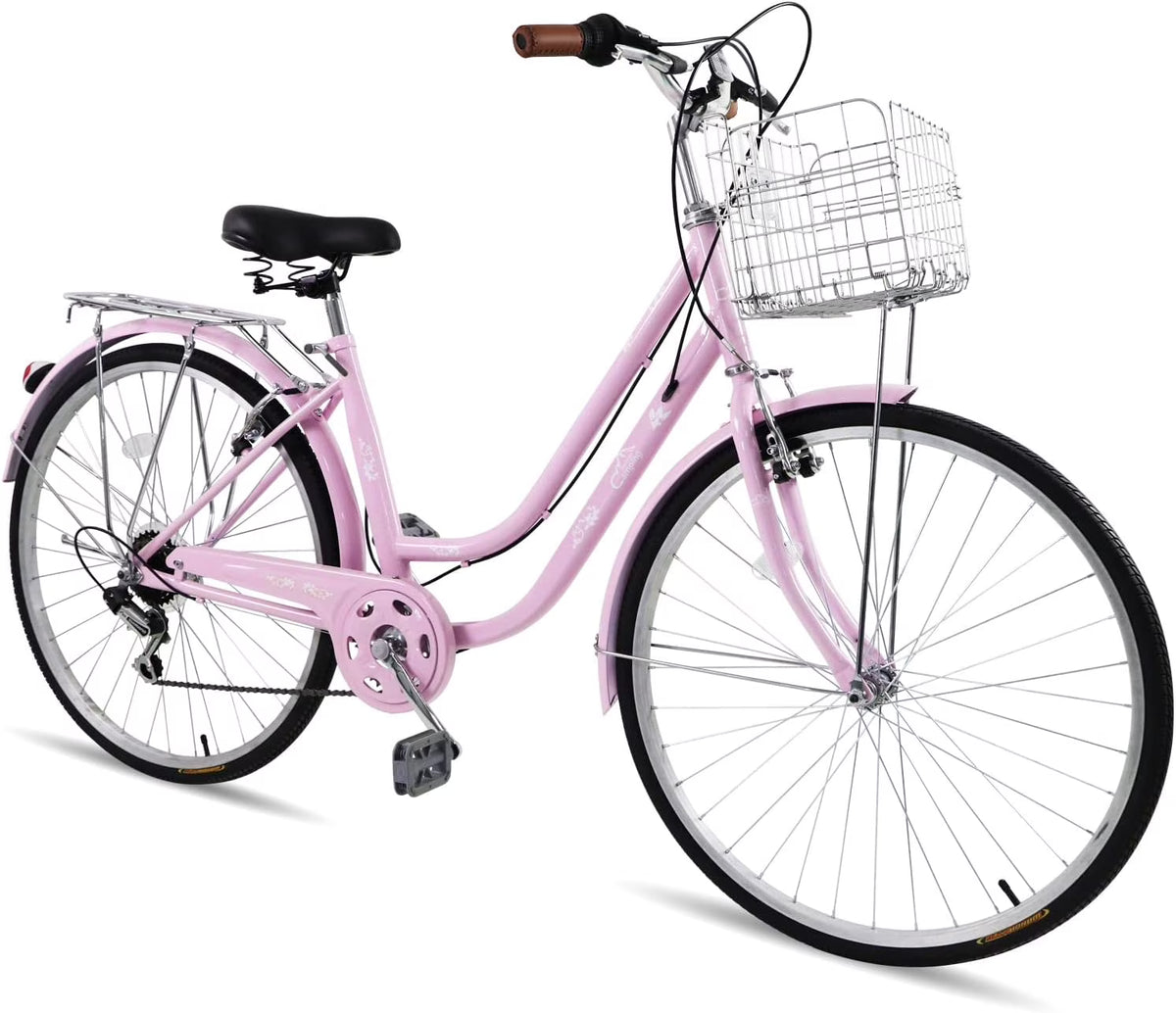 Ambifirner Women's Beach Cruiser Bike, 26in City Cruiser Bikes High Carbon Steel V Brake 7 Speed Commuter Bike with Basket & Mirror