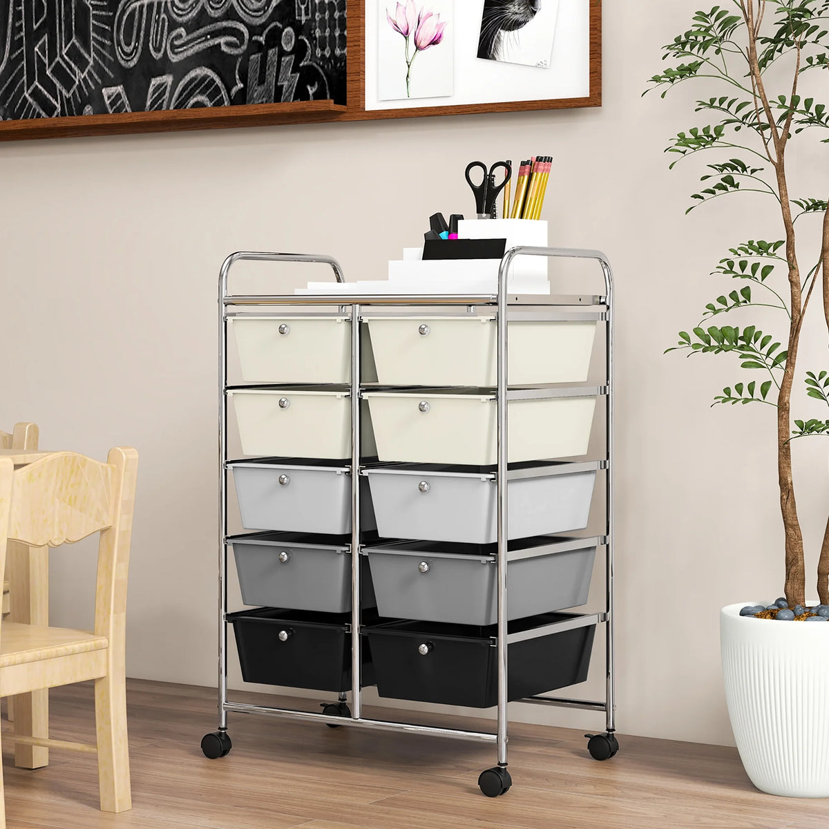 Gymax 10-Drawer Rolling Storage Cart Tools Scrapbook Paper Organizer on Wheels Black Gradient