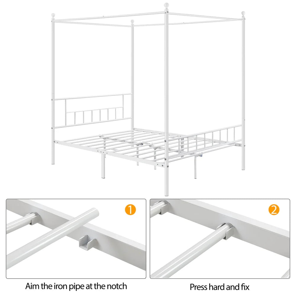 Yaheetech Metal Canopy Bed Frame, Four-poster Canopied Platform Bed with Headboard and Footboard, Queen, White