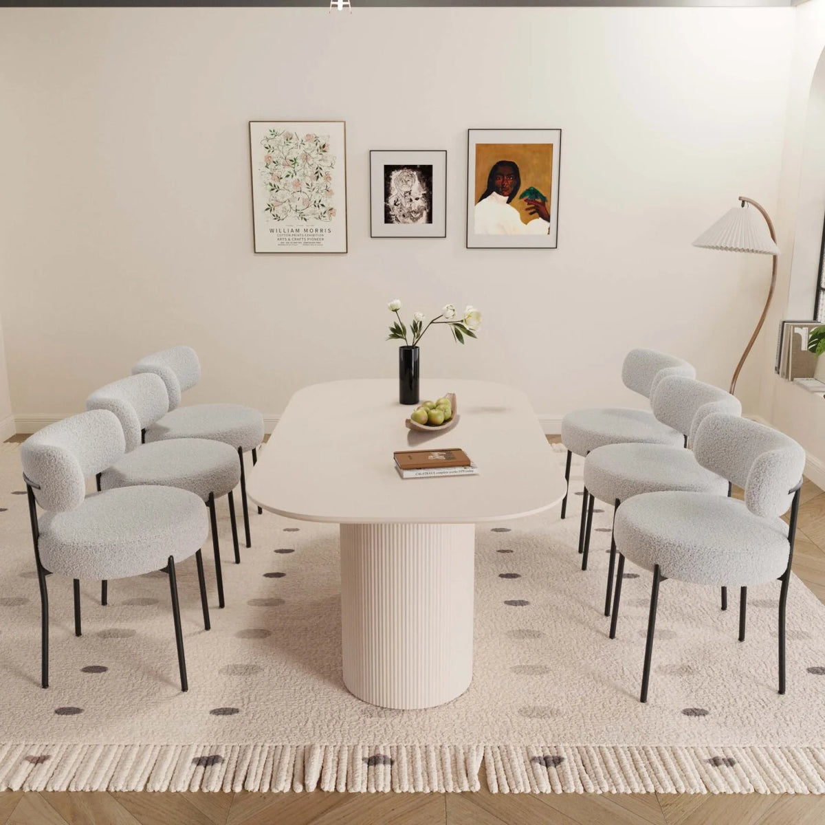 63 Inch Oval Dining Table Set with 6 Cushioned Chairs, Modern Wooden Dining Room Table Waterproof Scratch-Resistant Tabletop, Cream White for Family Gatherings